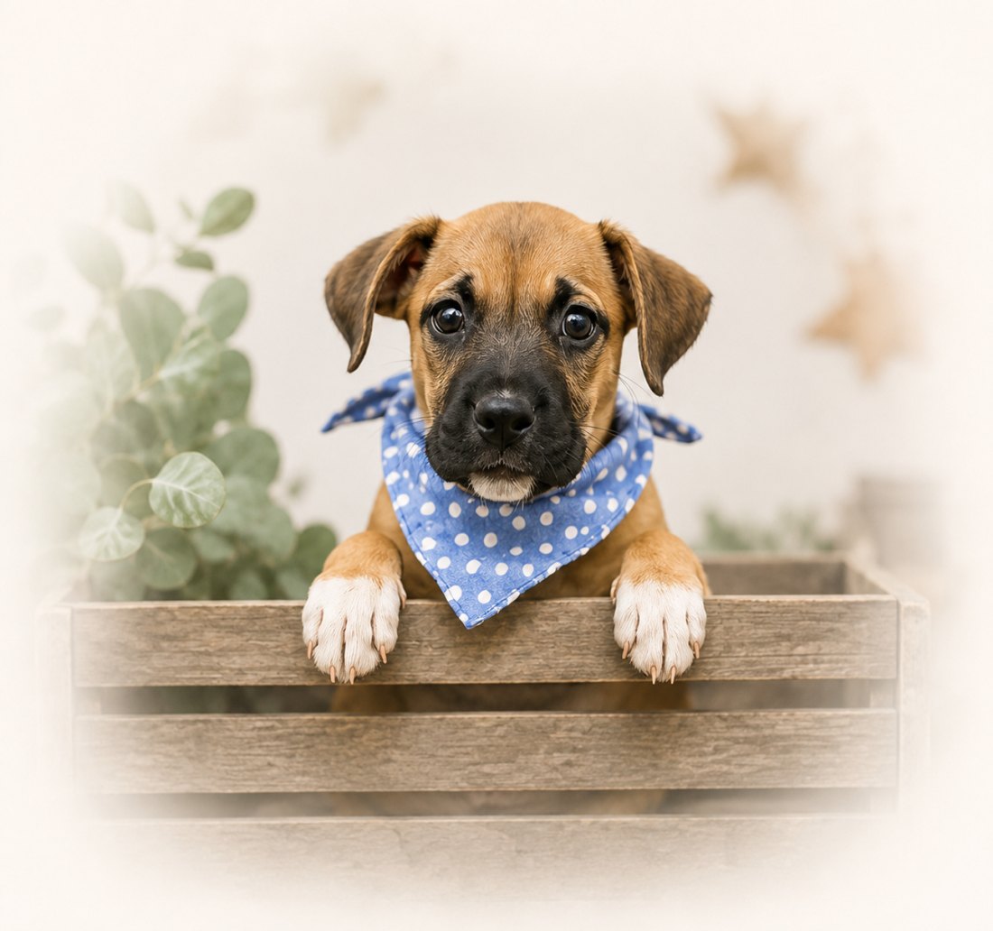 A puppy in a bandana, ready for a day of care